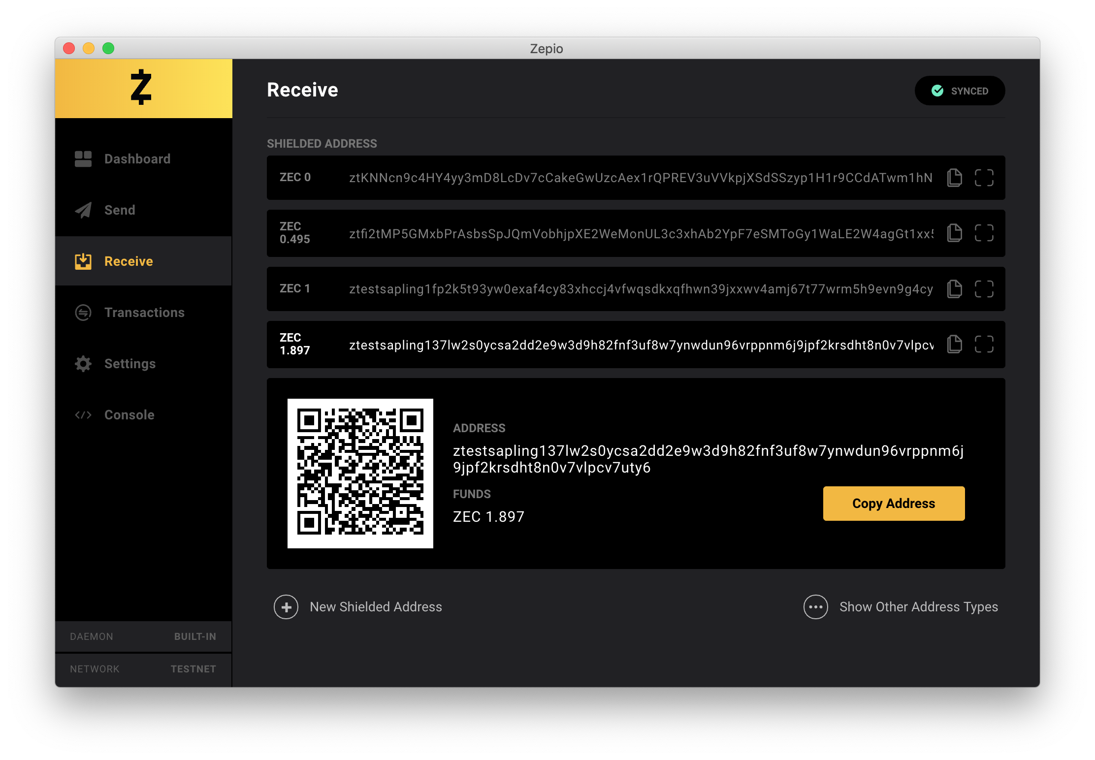 Zepio Receive screen with a shielded Zcash address