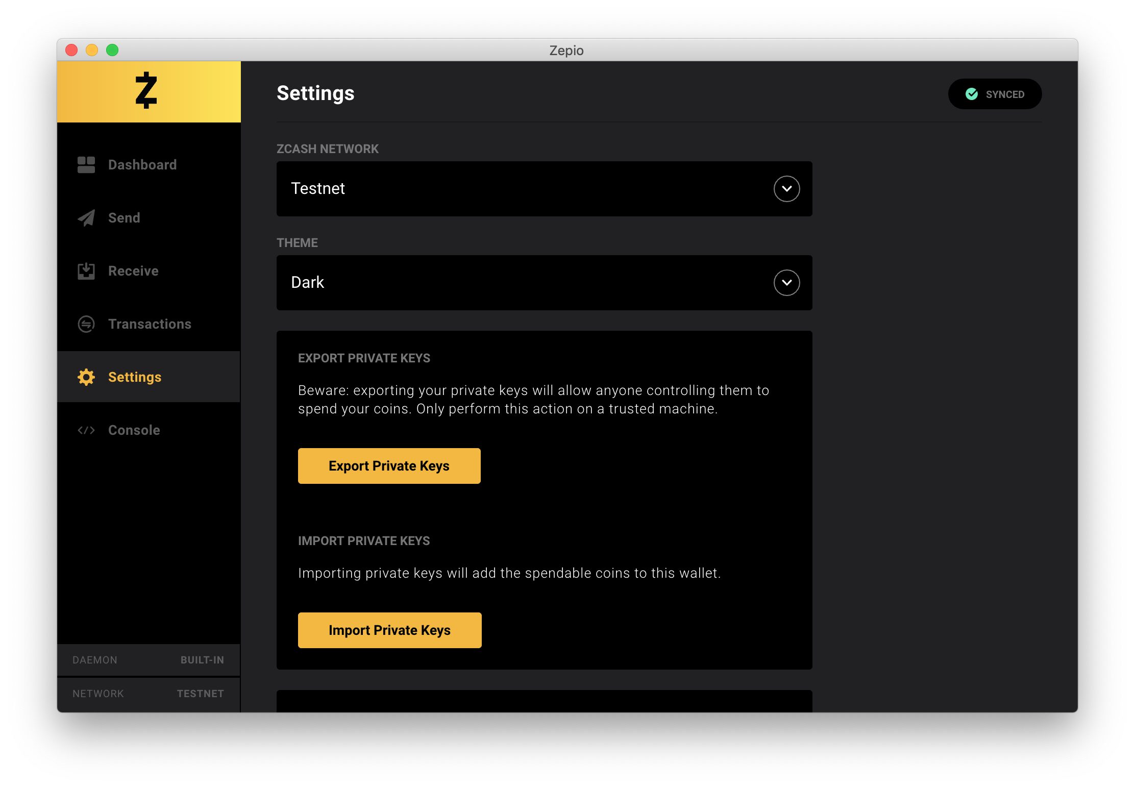 Zepio Settings screen with network and wallet configuration